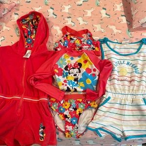 Kids 5/6 Disney girls pool bundle! Two rompers and one swim suit with two tops!
